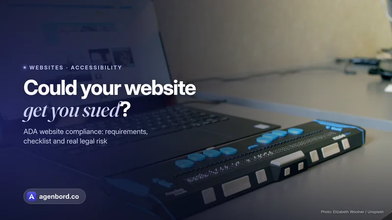 A laptop connected to a refreshable braille display. Headline: Could your website get you sued?