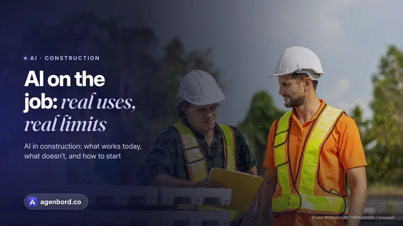 Two workers in white hard hats and safety vests review a clipboard beside stacked precast concrete planks. Headline: AI on the job: real uses, real limits