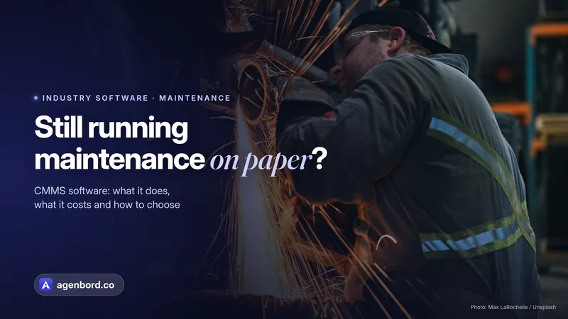 A technician in safety glasses and reflective coveralls grinding a metal part on heavy equipment as sparks fly. Headline: Still running maintenance on paper?