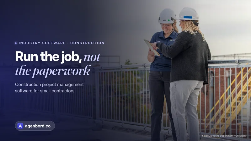 Two people in hard hats reviewing a tablet on a rooftop work area. Headline: Run the job, not the paperwork