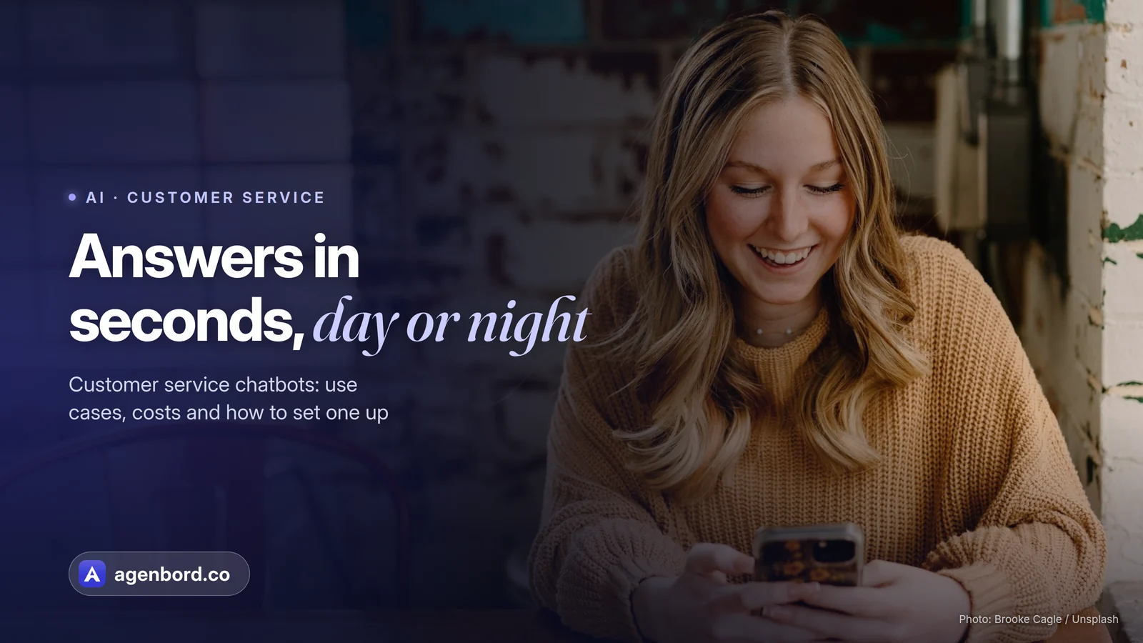 A woman smiling at her phone at a coffee shop table. Headline: Answers in seconds, day or night