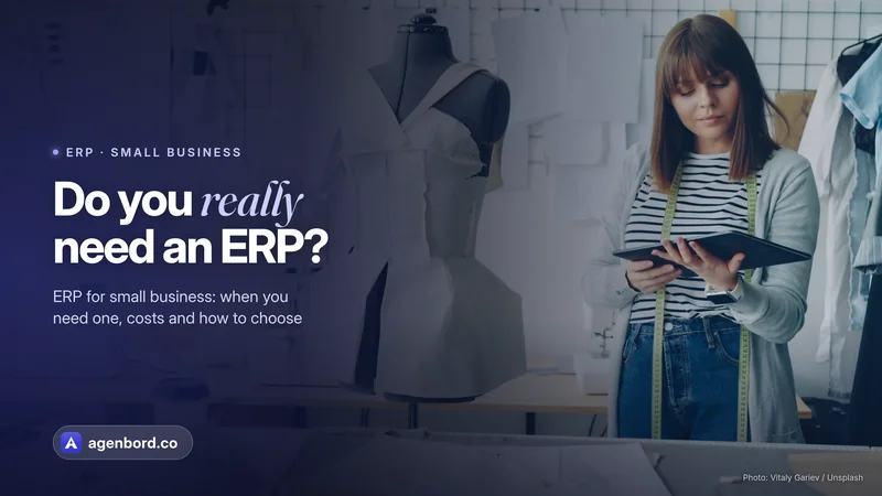 The owner of a small clothing studio checking a tablet next to a dress form. Headline: Do you really need an ERP?
