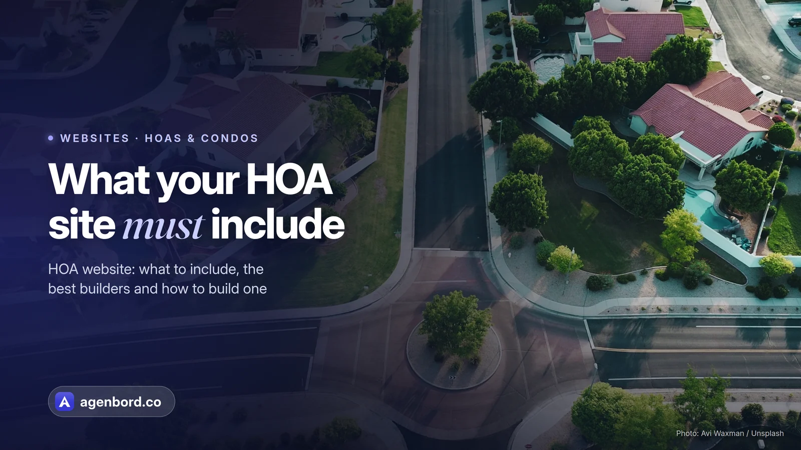 A residential community with landscaped streets and pools, seen from the air. Headline: What your HOA site must include