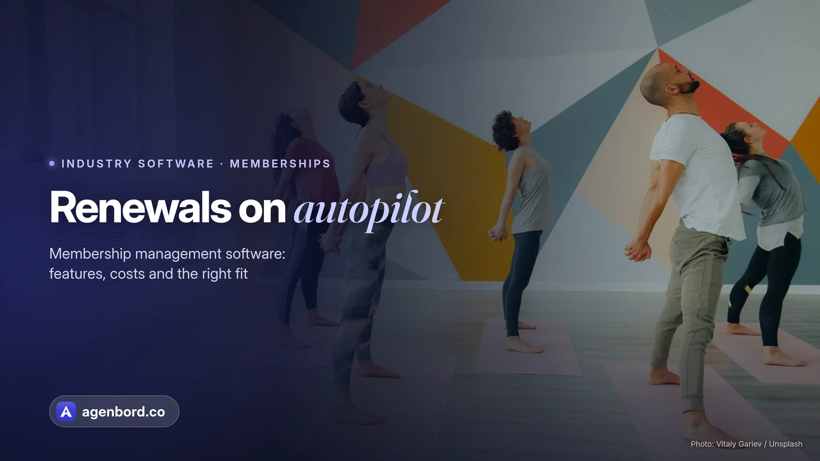 Members stretching in a yoga class in a bright studio. Headline: Renewals on autopilot