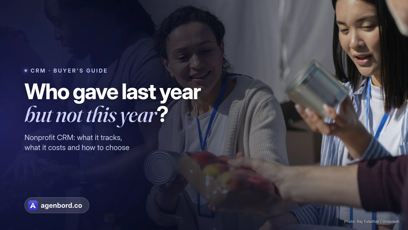 Volunteers wearing lanyards hand out canned food and fruit at a food drive table. Headline: Who gave last year but not this year?