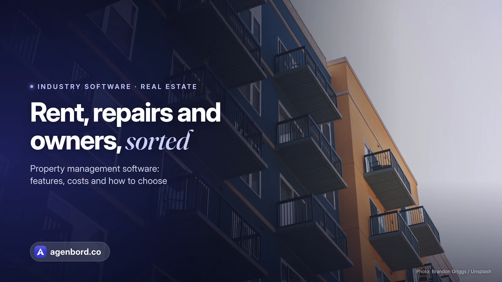 A modern apartment building with balconies, seen from below. Headline: Rent, repairs and owners, sorted