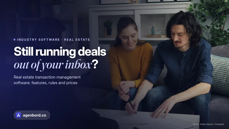 A couple signing papers at a coffee table across from a professional in a black blazer. Headline: Still running deals out of your inbox?