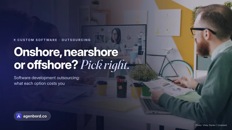 A team meeting in an office with a remote colleague on a video call. Headline: Onshore, nearshore or offshore? Pick right.