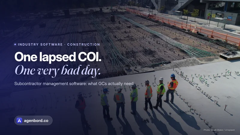 A construction crew on a large concrete deck, seen from the air. Headline: One lapsed COI. One very bad day.