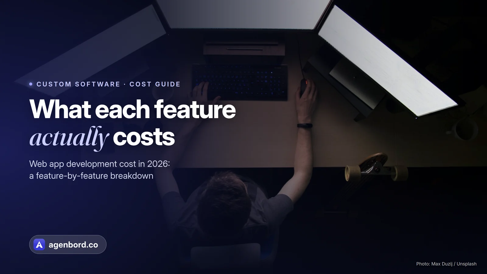 A developer at a desk with two monitors in a dark room, seen from above. Headline: What each feature actually costs