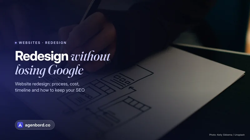A hand sketching website wireframes on paper. Headline: Redesign without losing Google